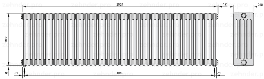 Схема (чертеж) Радиатор Zehnder Charleston 6100/44 №3570 Белый глянцевый RAL 9016